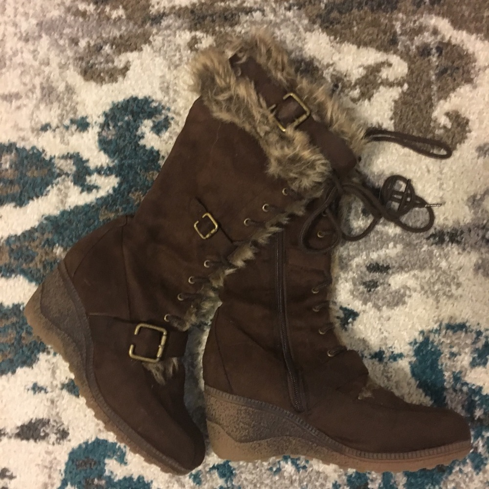 Brown suede winter wedge boots